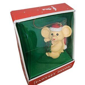 Vintage Fantasy Decor Christmas Tree Ornaments NOS Taiwan NIB Mouse w/Tree & Hat